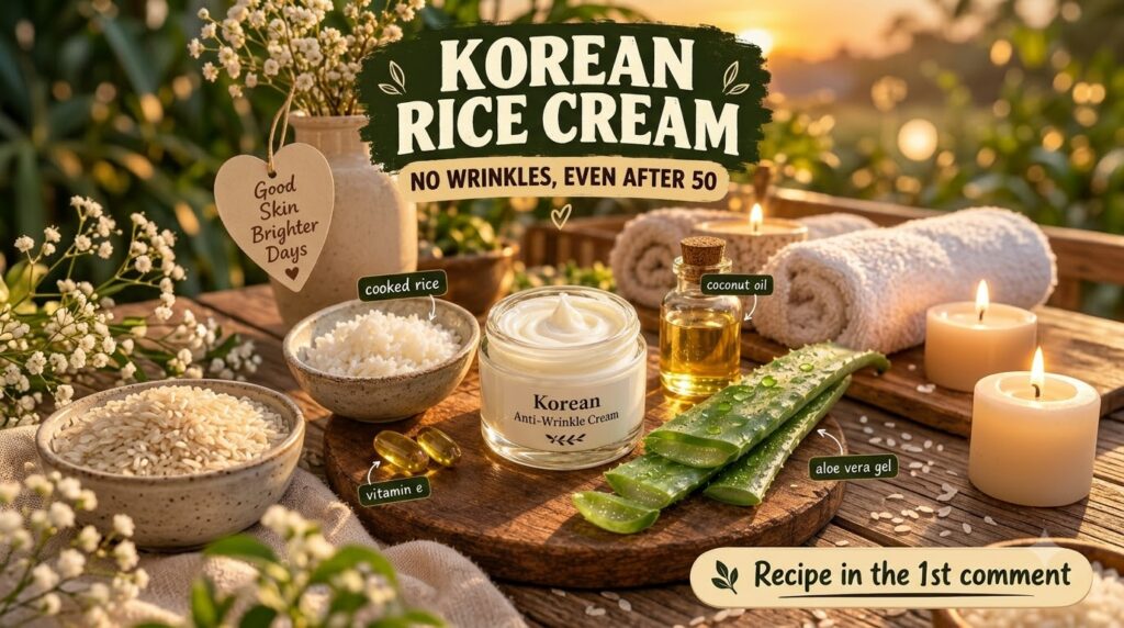 The image showcases a homemade Korean Anti-Wrinkle Cream as the central product surrounded by its natural ingredients co