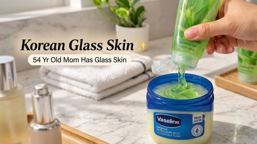 A hand squeezing green aloe vera gel into a small jar of Vaseline ready to be mixed for a DIY Korean Glass Skin recipe i