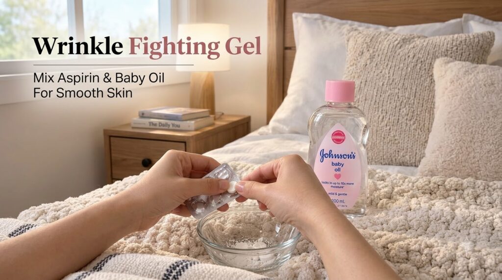 A close-up of hands crushing aspirin tablets into a glass bowl with a bottle of baby oil next to it set in a warm natura