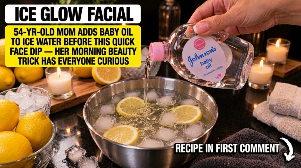 Baby oil being poured into a silver bowl with ice water and lemon slices with whole lemons and a candle in the soft back