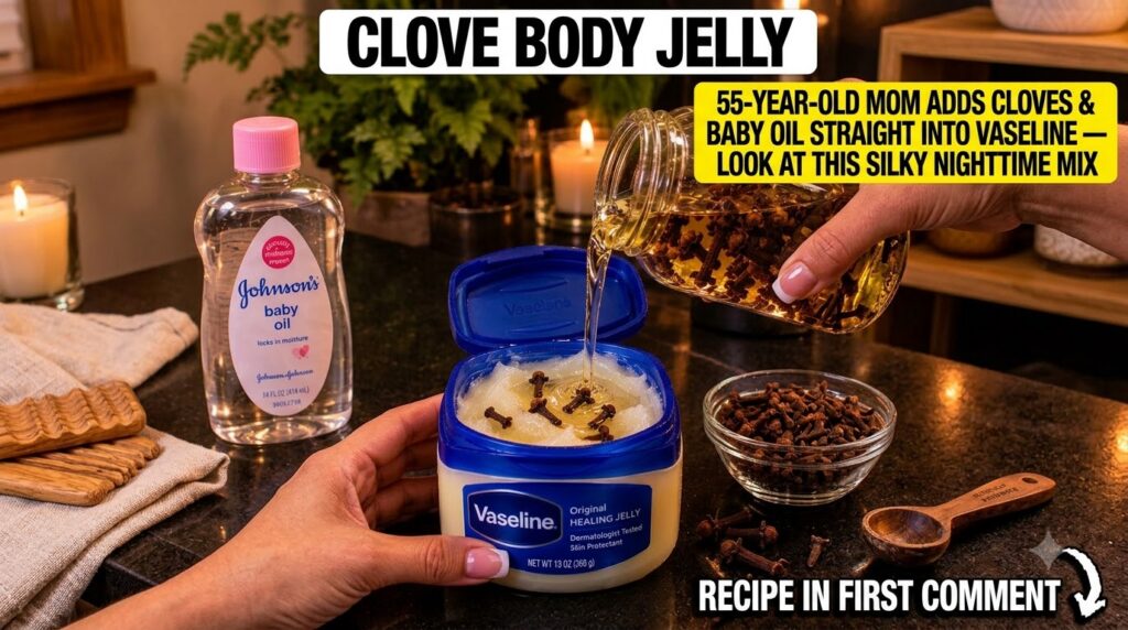 A close-up of hands mixing clove-infused oil into a jar of Vaseline with whole cloves visible a bottle of baby oil and d