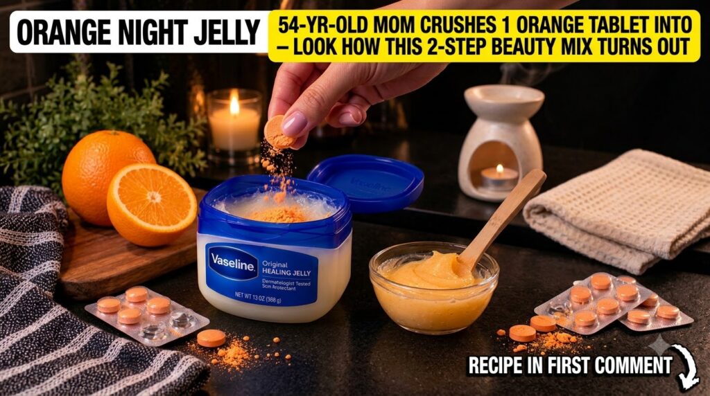 Hands preparing a beauty mixture dropping crushed orange powder from a tablet into an open tub of Vaseline Nearby a fini