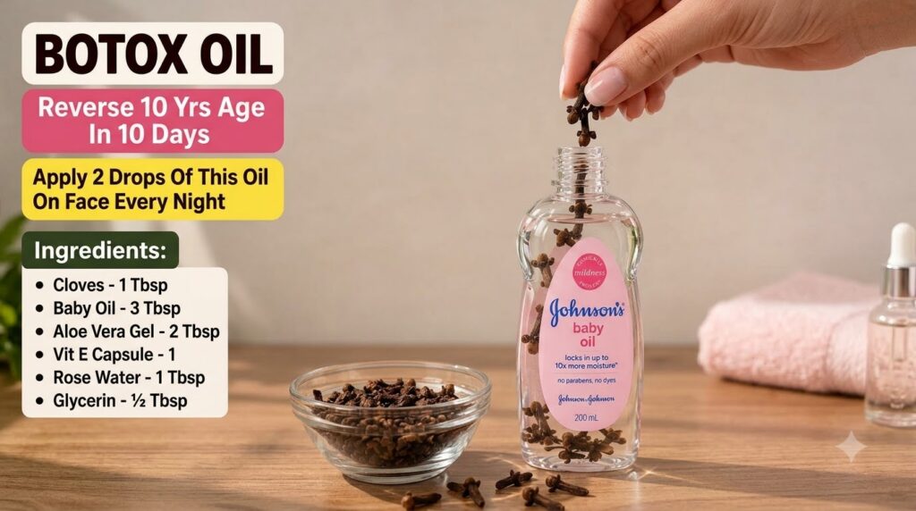 A bottle of Johnson s baby oil infused with cloves with a hand adding more cloves and a bowl of cloves on a rustic woode