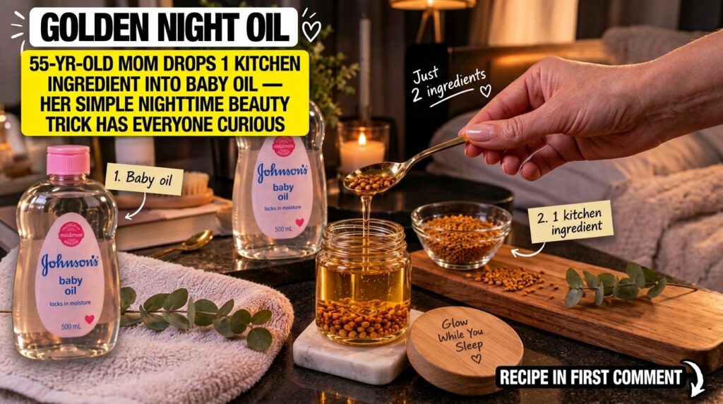 A clear glass jar with baby oil and turmeric powder a bottle of baby oil and a small bowl of turmeric powder on a wooden