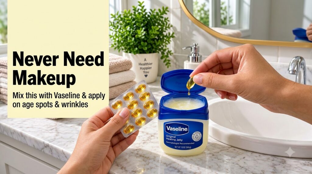Close-up of hands squeezing a golden capsule into a jar of Vaseline