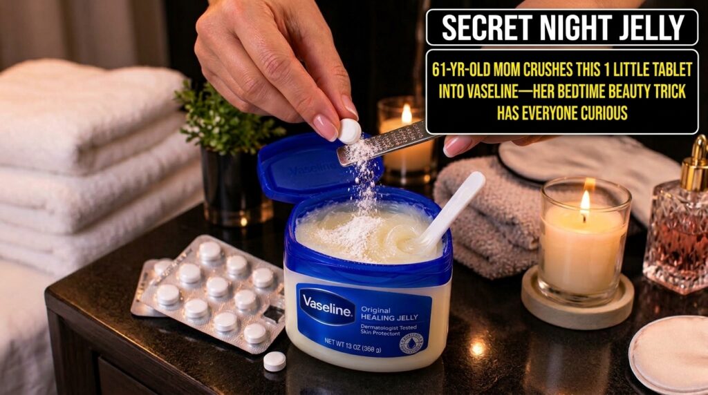 A close-up of a hand grating a white aspirin tablet into a small jar of Vaseline with fine powder falling onto the petro
