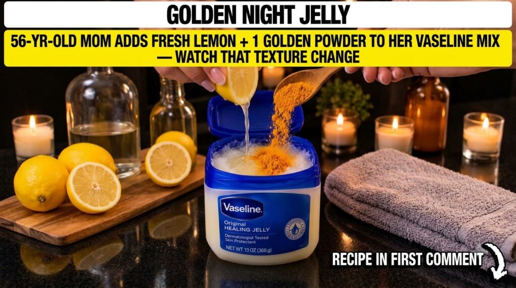 Hands mixing lemon juice and turmeric powder into a tub of Vaseline with a bottle of baby oil nearby in a cozy warm sett
