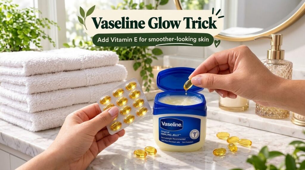 Hands combining a vitamin E capsule with Vaseline petroleum jelly on a marble bathroom counter The background includes s
