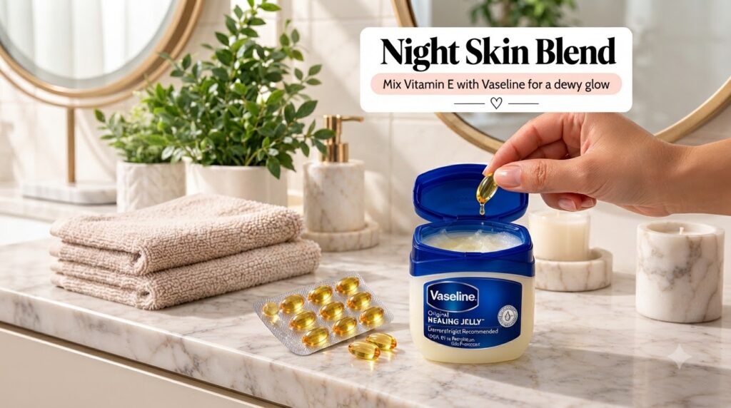 A close-up of a hand dropping a Vitamin E capsule into an open jar of Vaseline Original Healing Jelly on a marble counte