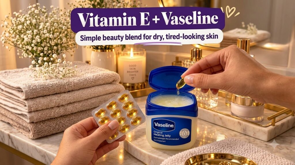 Hands preparing a skincare blend one hand holds a blister pack of vitamin E capsules while the other squeezes a capsule