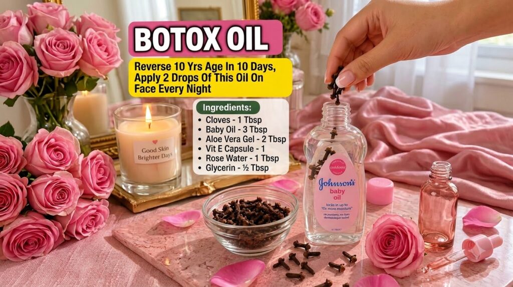 A hand placing cloves into a bottle of baby oil surrounded by a glass bowl of cloves scattered cloves a pink rose petal