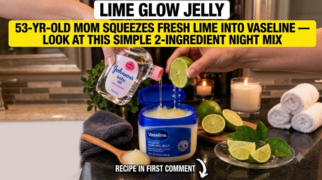 A close-up overhead shot of hands mixing Vaseline baby oil and fresh lime juice in a small container with a spoon The te