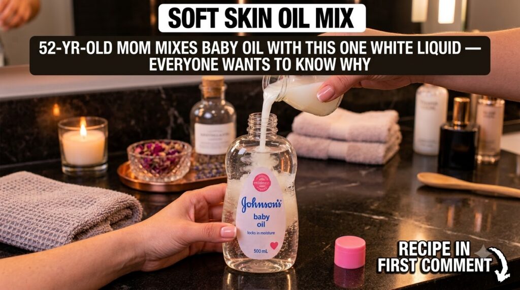 A person s hands pouring a small amount of white wine vinegar from a small bottle into a larger bottle of clear baby oil