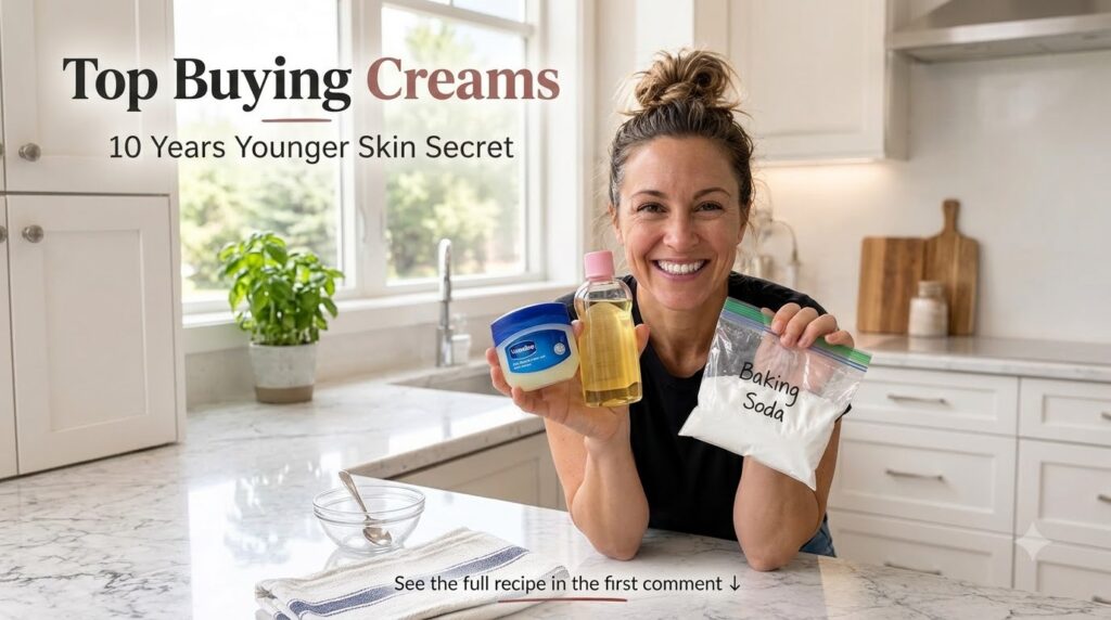 A smiling woman holding Vaseline oil and baking soda in a kitchen