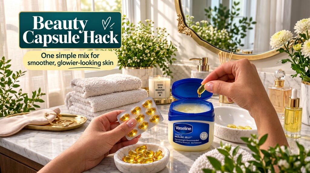 A person s hands are featured one holding a blister pack of golden capsules and the other squeezing a capsule to drip li