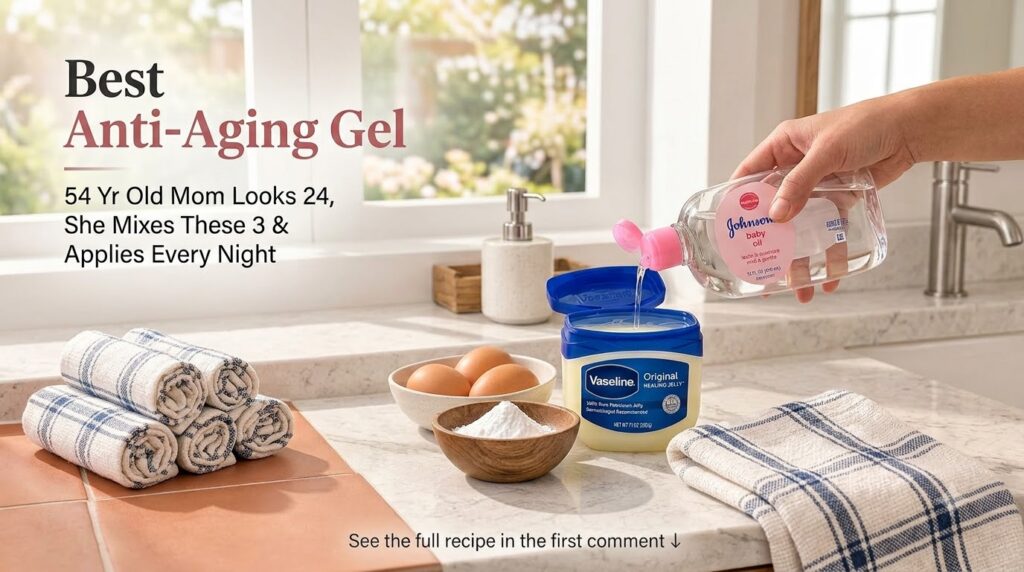 Ingredients for a DIY anti-aging gel laid out including an open tub of Vaseline baby oil being poured and a bowl of eggs