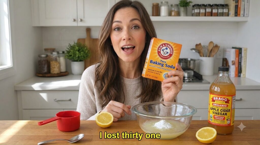 A woman excitedly holding a box of baking soda with an array of natural ingredients like lemon slices a bowl with liquid