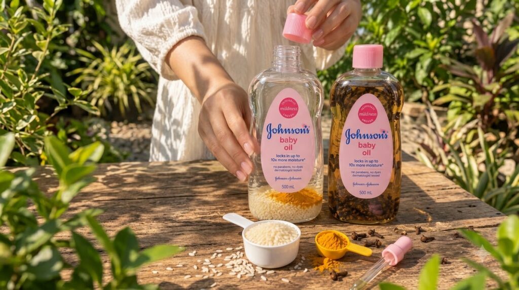 Two bottles of infused Johnson s Baby Oil on a rustic wooden surface one with rice and turmeric the other with cloves Me