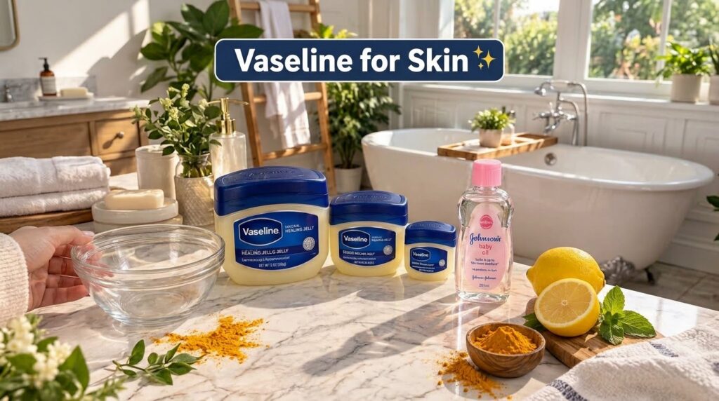 A well-lit bathroom scene with Vaseline Johnson s Baby Oil fresh lemons and turmeric powder on a marble counter with a h