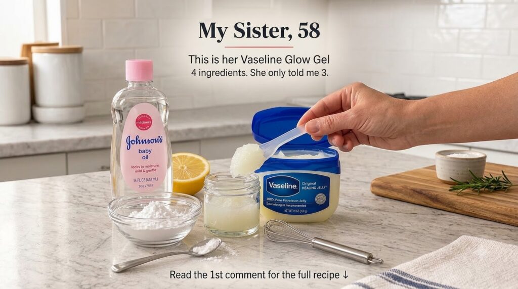 A flat lay of ingredients and tools for a DIY skincare recipe including a bottle of Johnson s baby oil a bowl of white p