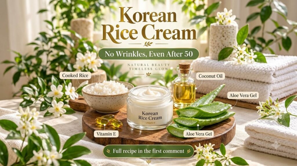 A jar of Korean Rice Cream surrounded by its natural ingredients a bowl of cooked rice coconut oil vitamin E capsules an
