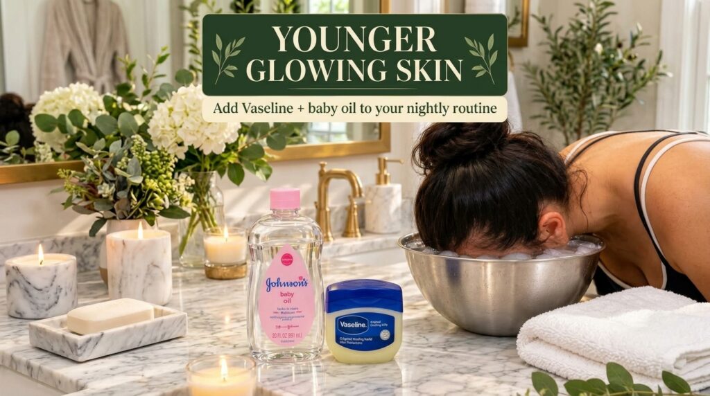 A person submerging their face into a bowl of ice water with bottles of Johnson s baby oil and a jar of Vaseline on a ma