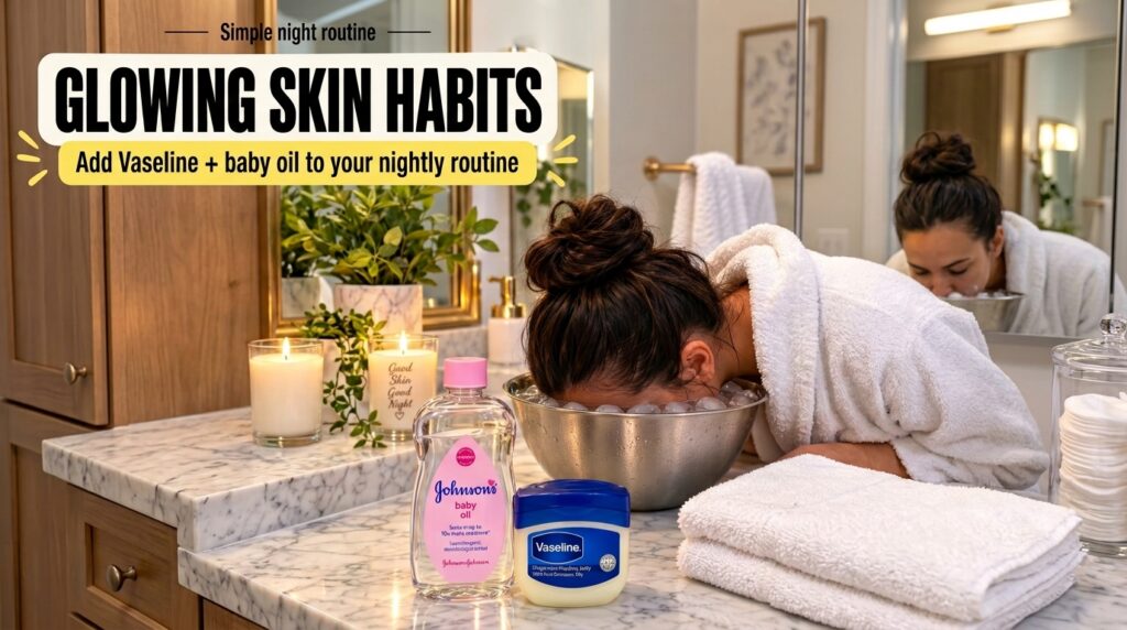 A person briefly dipping their face into a bowl of ice water as part of a refreshing skincare routine with bottles of Va