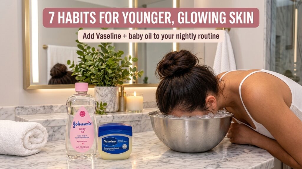 A person s face submerged in a metal bowl filled with ice water with bottles of Johnson s baby oil and Vaseline on a mar