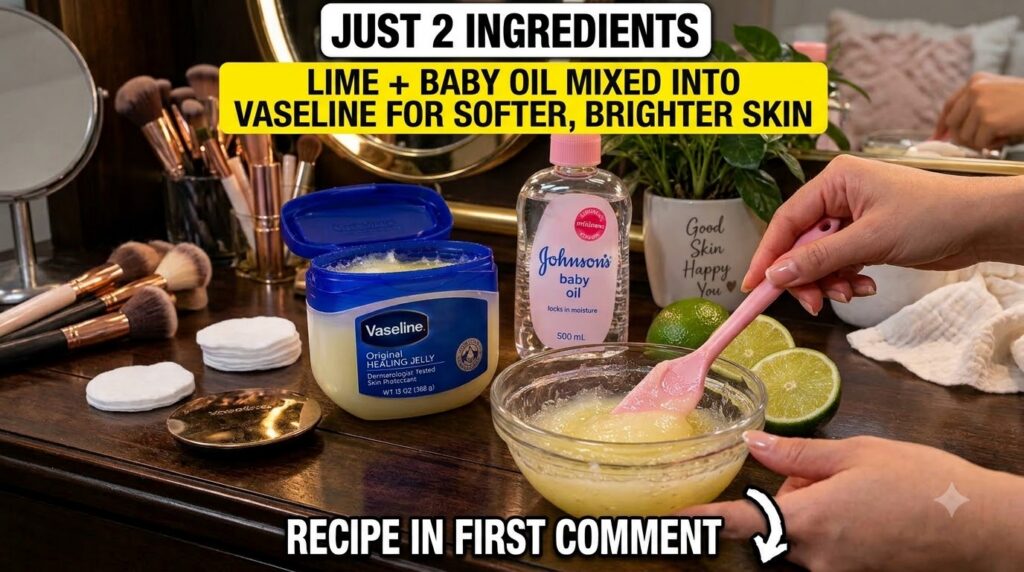 Hands mixing Vaseline baby oil and lime in a glass bowl on a dark wooden surface