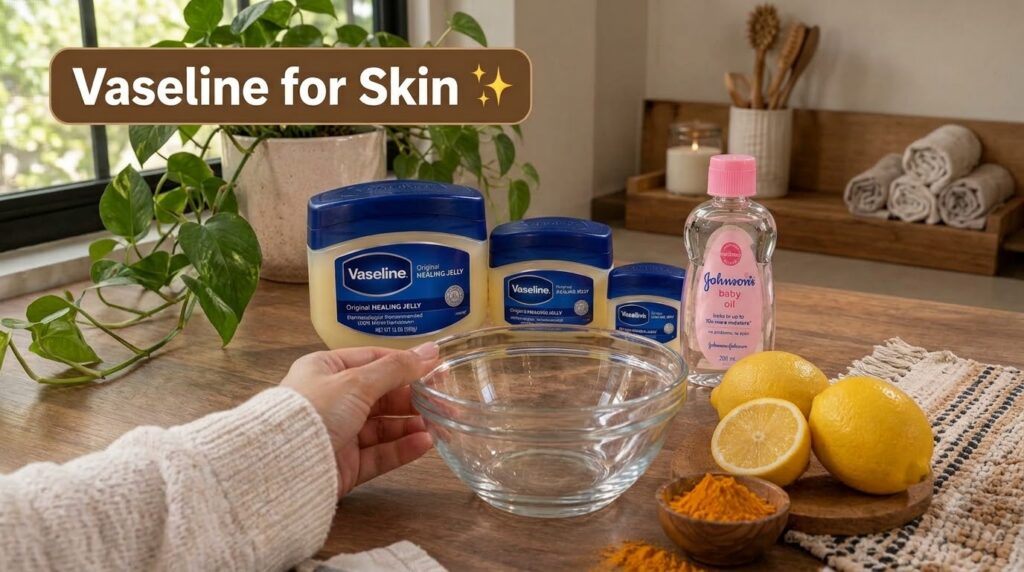 A flat lay of DIY skincare ingredients on a wooden surface featuring Vaseline tubs Johnson s baby oil cut lemons and tur
