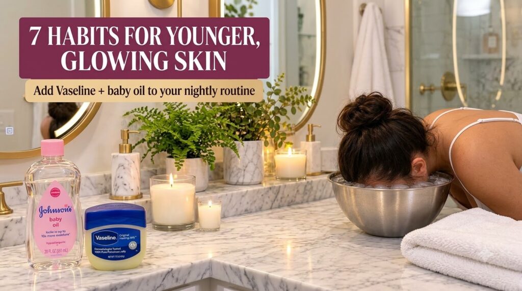 A person s face submerged in a bowl of ice water on a marble counter surrounded by skincare products like Vaseline and J