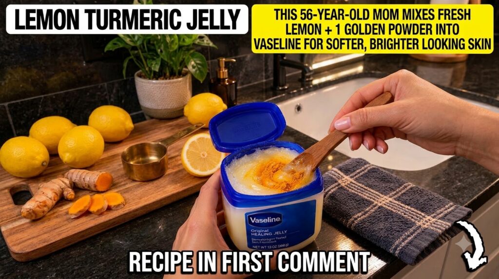 Hands mixing turmeric powder into a jar of Vaseline with a small wooden spoon with lemons and a bowl of turmeric in the 