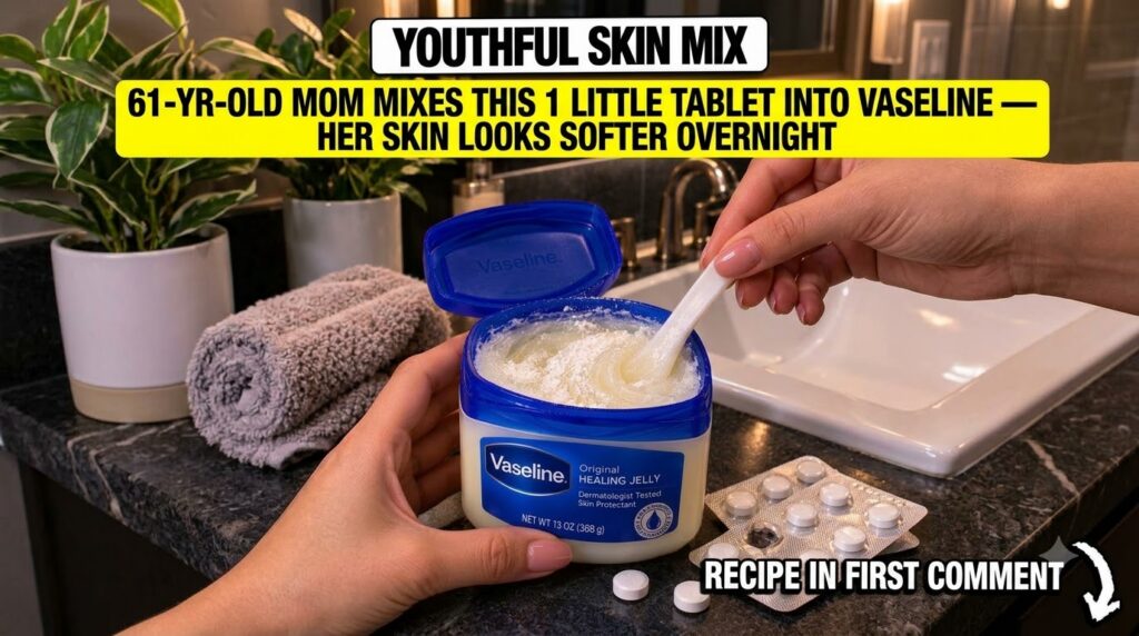 A close-up of hands mixing crushed white tablets into a tub of Vaseline on a dark bathroom counter