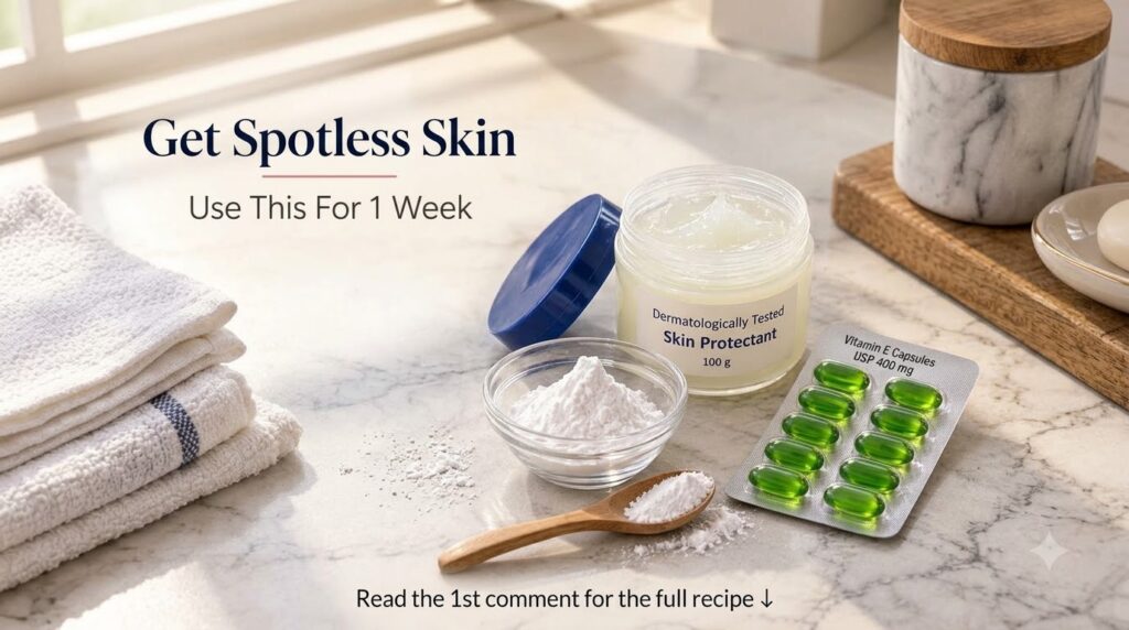 A flat lay of skincare ingredients on a light marble surface featuring an open jar of cream a bowl of white powder a woo
