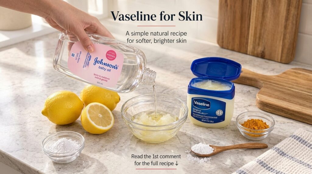 A collection of ingredients for a homemade skincare recipe on a kitchen counter with a hand pouring baby oil into a bowl