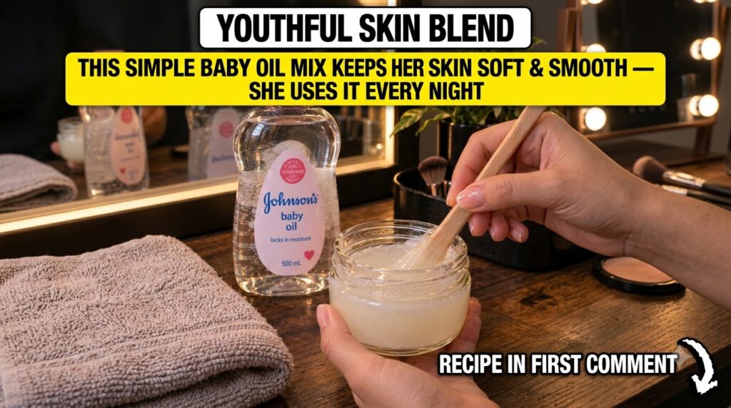 A person s hand stirring a blend in a glass jar with a bottle of baby oil nearby The background shows a soft warm vanity