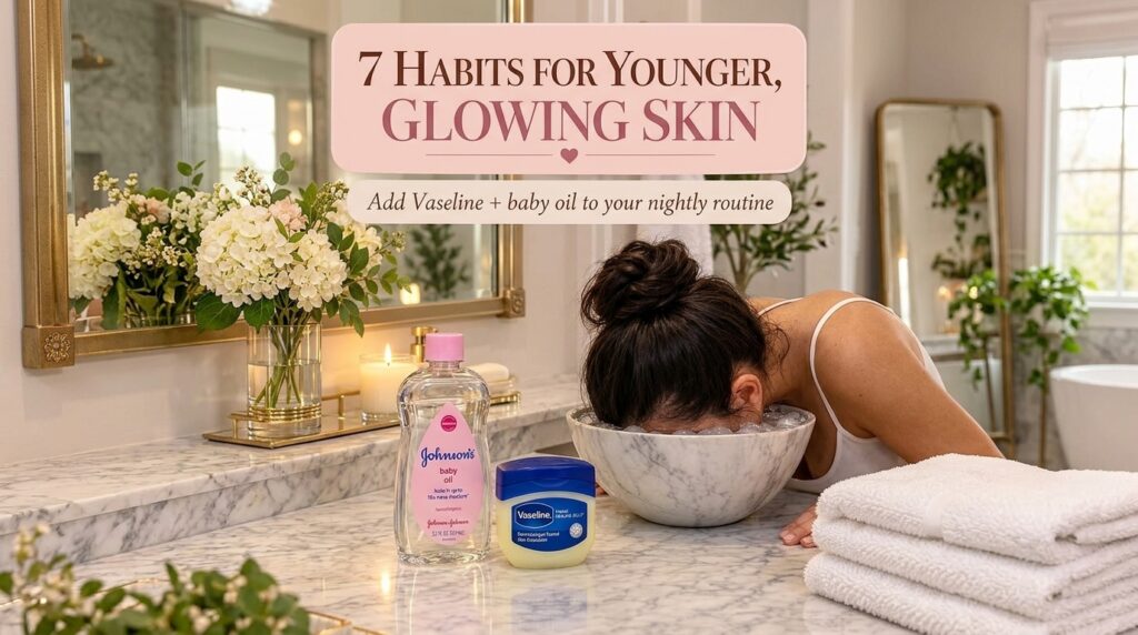 A serene bathroom vanity with a person s face submerged in a marble bowl of ice water In the foreground bottles of Johns