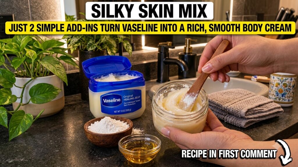 Close-up of hands mixing white rice powder into a jar of Vaseline with a bowl of honey and a larger Vaseline container i