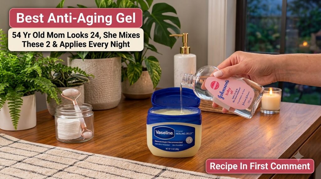 A hand pouring Johnson s Baby Oil into a small jar of Vaseline Original Healing Jelly on a speckled countertop with a po
