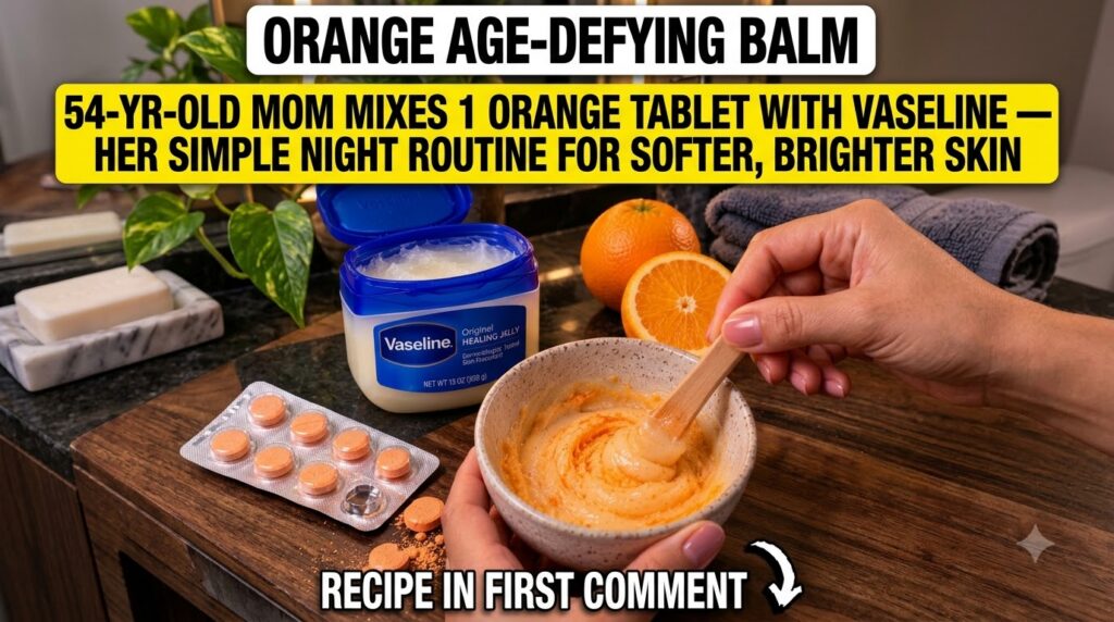 Hands mixing Vaseline and orange vitamin C powder in a small bowl with a wooden spoon surrounded by a Vaseline tub vitam
