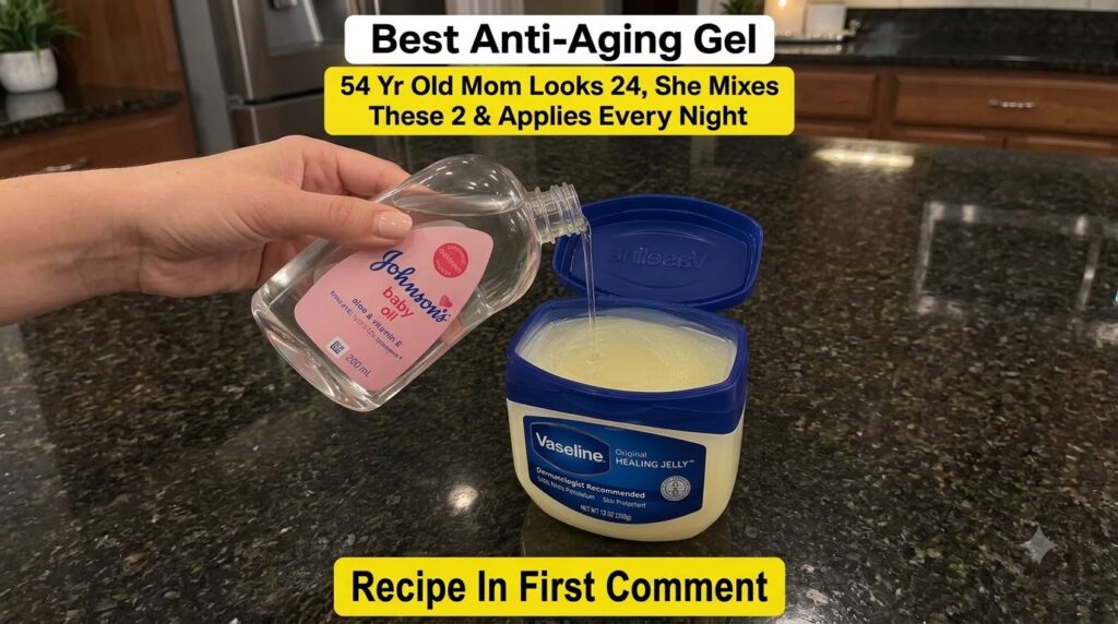 A close-up shot of a hand pouring Johnson s baby oil into a tub of Vaseline Original Healing Jelly on a dark granite cou