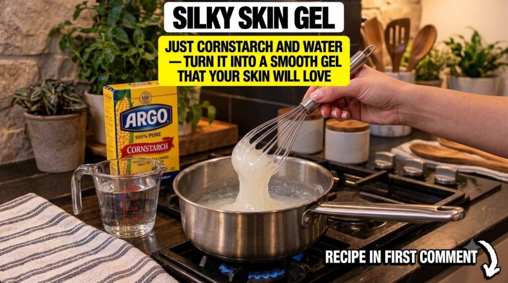 A close-up shot of a hand whisking a thick translucent cornstarch gel in a stainless steel saucepan on a gas stovetop wi