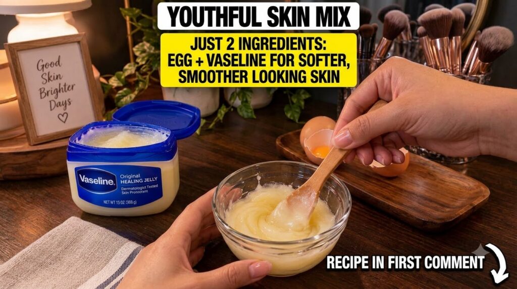 Hands mixing egg and Vaseline in a glass bowl with a wooden spoon with an open Vaseline tub and cracked egg in the backg