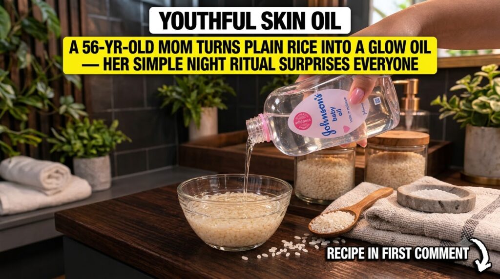 A close-up of a hand pouring clear baby oil into a glass bowl filled with short-grain rice and liquid with a wooden spoo