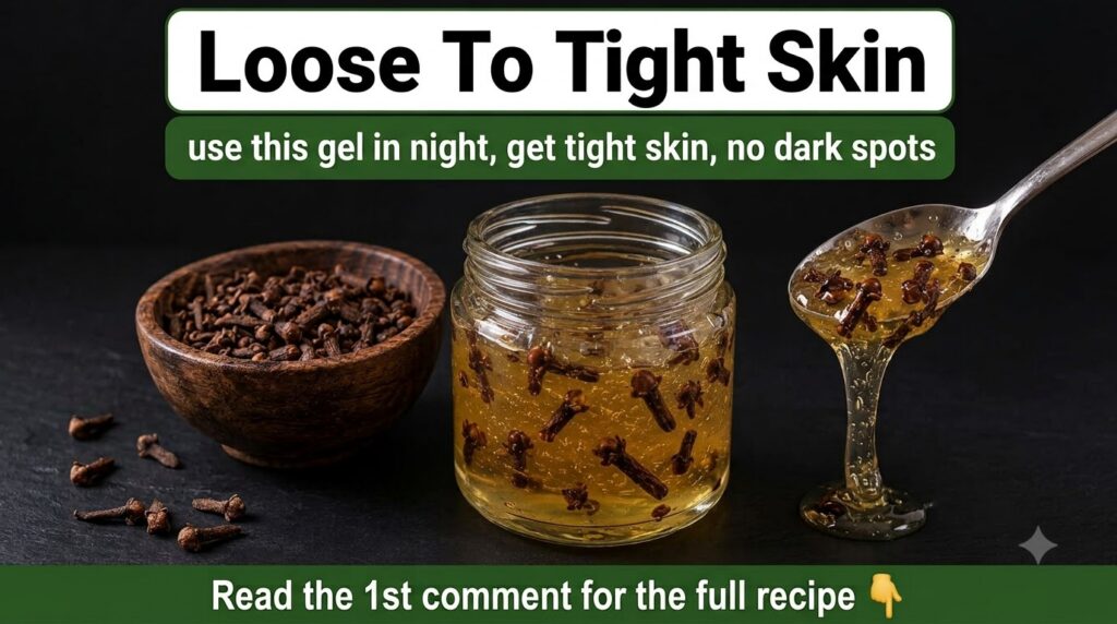 A close-up of a spoon dripping thick golden clove-infused gel into a clear glass jar with dry cloves in a wooden bowl ne