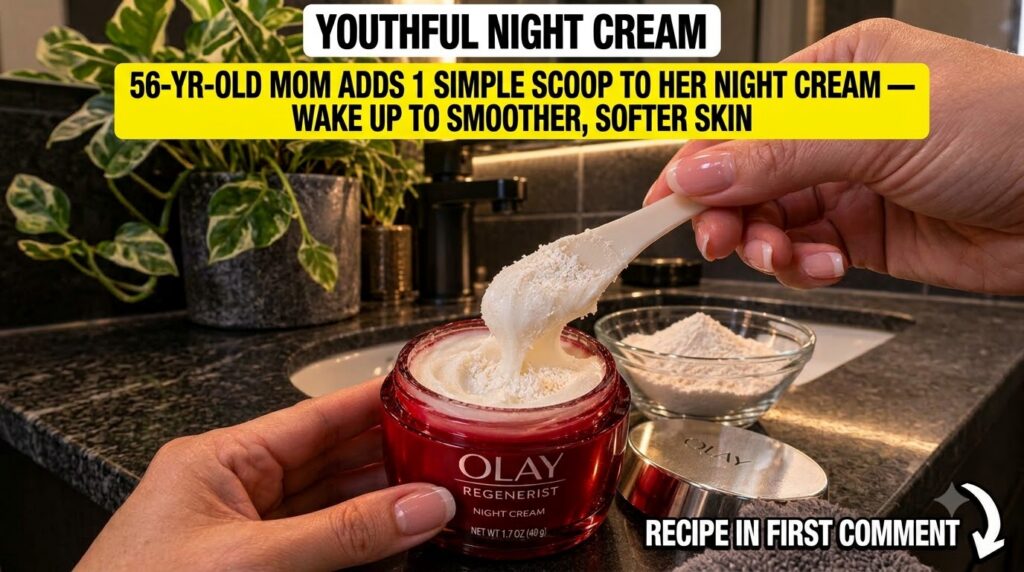 Hands mixing white rice powder into Olay Regenerist Night Cream with a spatula in a jar on a bathroom counter