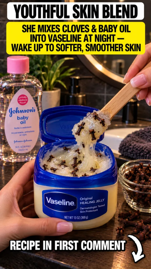 A close-up of hands mixing whole cloves into a jar of Vaseline Healing Jelly with a wooden stick with a bottle of Johnso