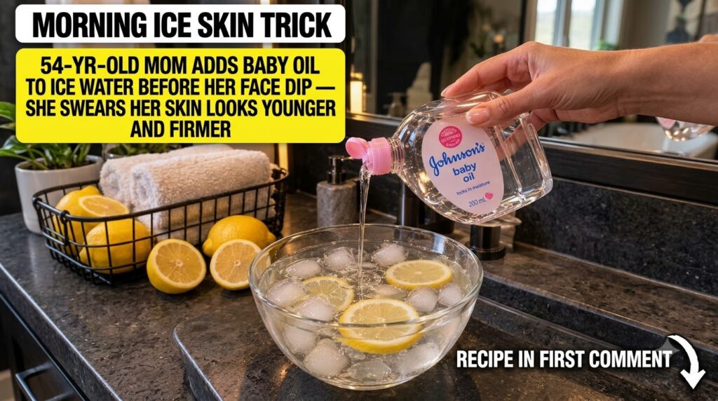 A hand pouring Johnson s baby oil into a clear glass bowl filled with ice water and lemon slices on a dark bathroom coun