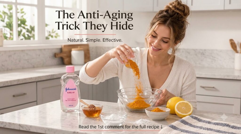 A smiling woman pouring vibrant yellow turmeric powder from a small glass into a larger mixing bowl with honey Johnson s