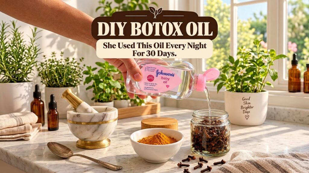 A hand pouring Johnson s baby oil into a glass jar containing whole cloves with turmeric powder in a bowl and scattered